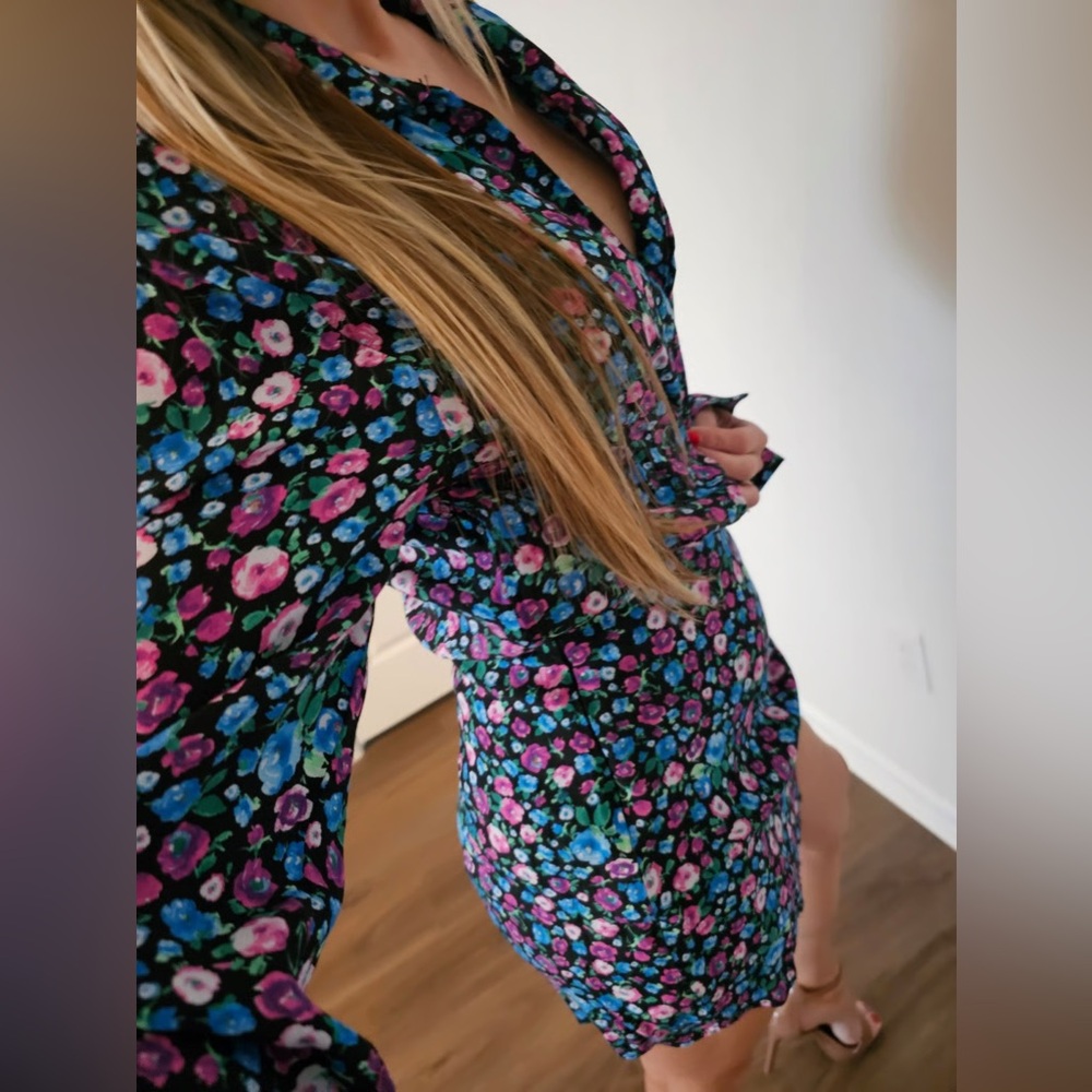 NWT Zara Black Floral Dress with Blue and Pink Accents Sz S